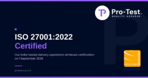 Pro-Test logo and official Intercert ISO/IEC 27001 certification mark — delivery operations certified 1 September 2026