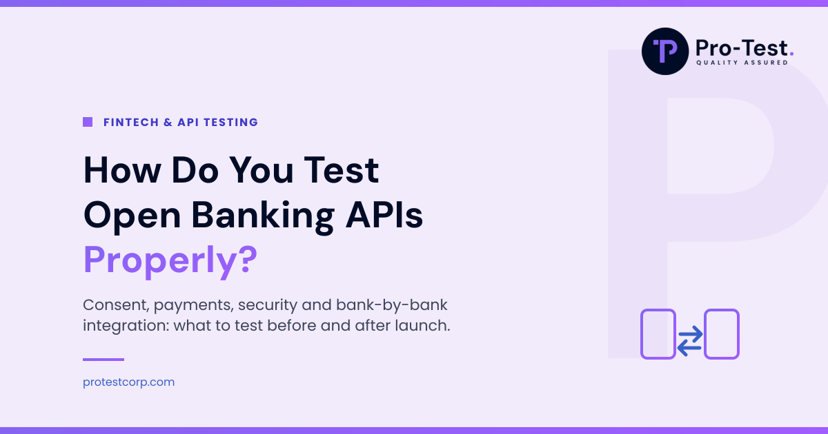 Pro-Test featured graphic with the headline “How Do You Test Open Banking APIs Properly?” and an icon of two devices exchanging data.